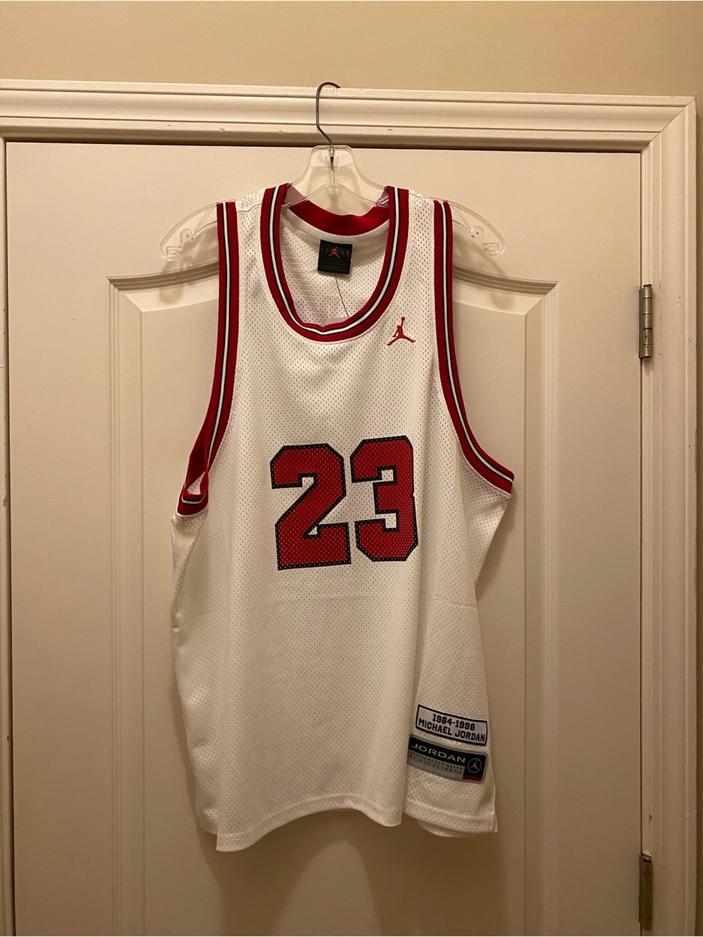 Jordan White Basketball Jersey Patch with Black & Red Accents